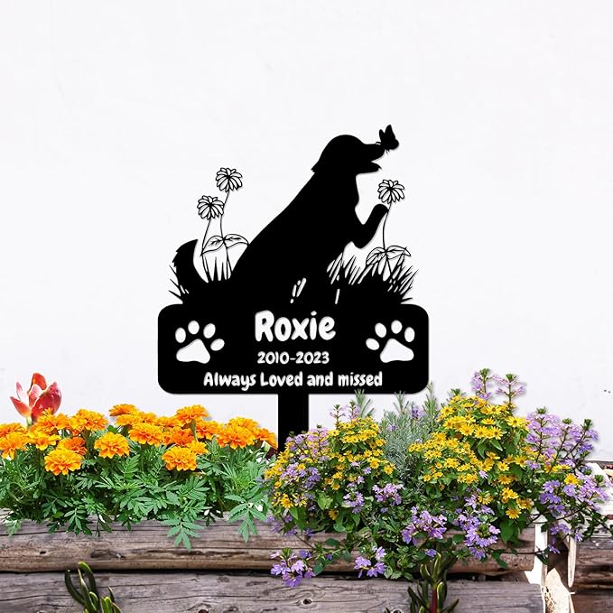 Personalized Flowers Dog Memorial Grave Marker Garden Stake, Custom Dog Memorial Grave Marker Burial Stake, Customized Metal Butterfly Dog Memorial Stake Plaque Outdoor Pet Headstone