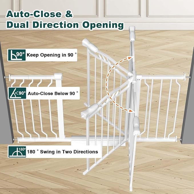 Fairy Baby 29.5"-43.7" Extra Wide Baby Gate No Drilling, 30" Tall Auto Close Press Mounted Baby Gate for Doorways, Adjustable Width Walk Through Dog Pet Gates, White