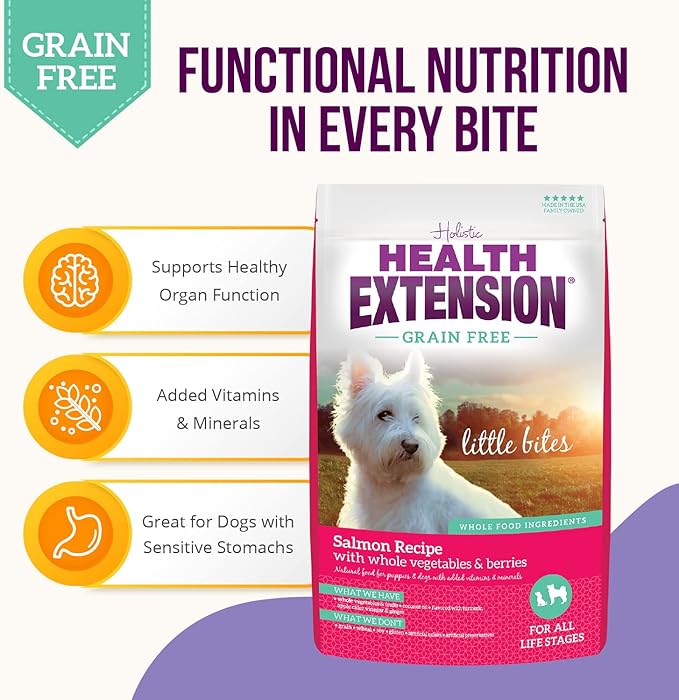 Health Extension Grain Free Salmon & Sweet Potato Little Bites Small Kibble Formula with 30+ Superfoods, Omega 3, and Probiotics for Teacups, Toys & Miniature Dogs (12 lb)