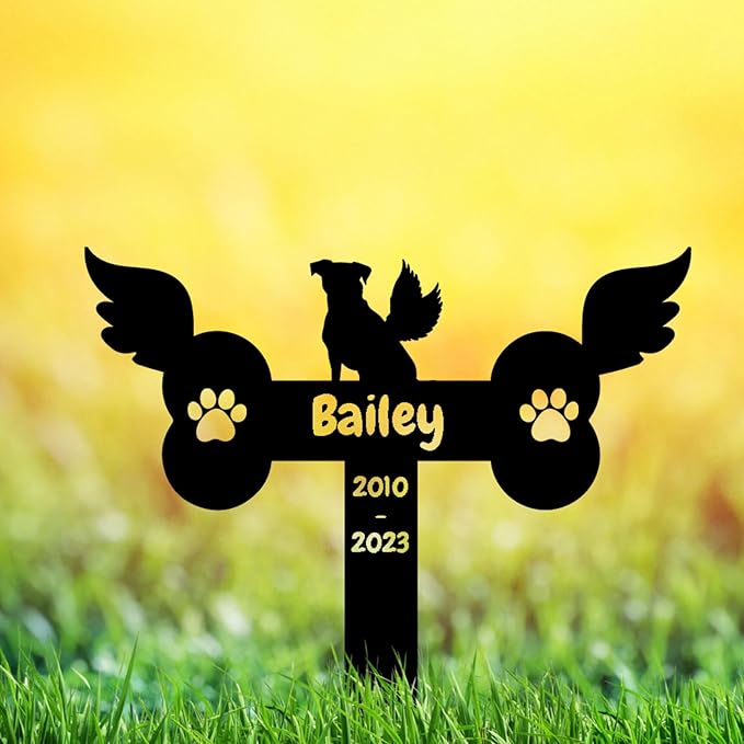 Custom Dog Paws Bone Memorial Grave Marker with Wings, Personalized Dog Memorial Grave Marker Metal Garden Stake Plaque for Dog Grave, Dog Memorial Garden Marker Pet Sympathy Gift