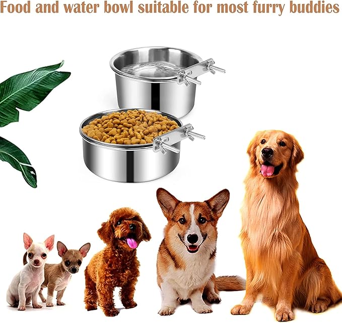 2 Pack Silver Stainless Steel Pet Bowls Anti-Spill Metal Feeder Food and Water Feeding Bowl, Hanging Cage Pet Crate Bowl for Puppy Kennel Medium Large Pets (Silver,M (5.5x2.2'' & 6.2x2.3''))