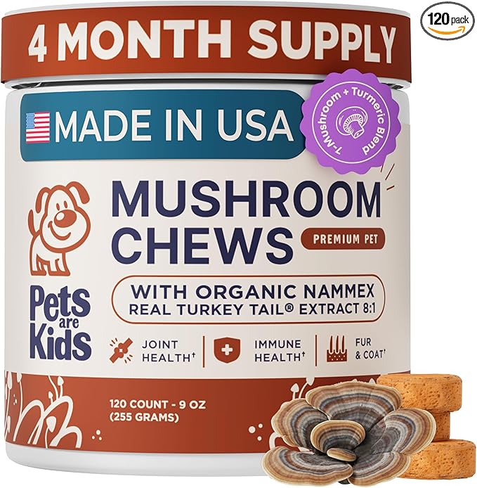 Pets are Kids Turkey Tail Mushroom for Dogs with Organic Real Turkey Tail™ - 8:1 Extract Mushroom Chews for Lumps & Bumps, Immunity, Gut, Skin, Joint & Spine Support - Reishi, Lion’s Mane - 120 Chews