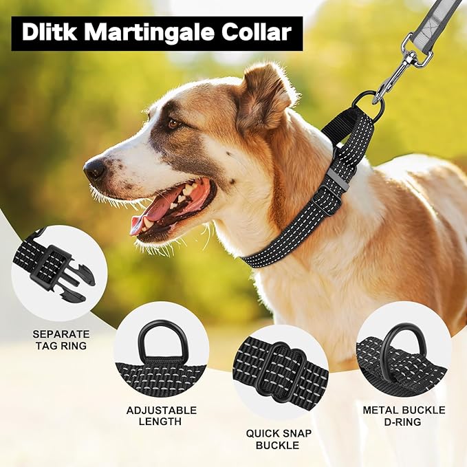 Martingale Dog Collars, Adjustable Reflective Nylon Dog Collar for Training Dogs, No Pull Dog Choker Collar for Medium Large Dogs (M, Black)