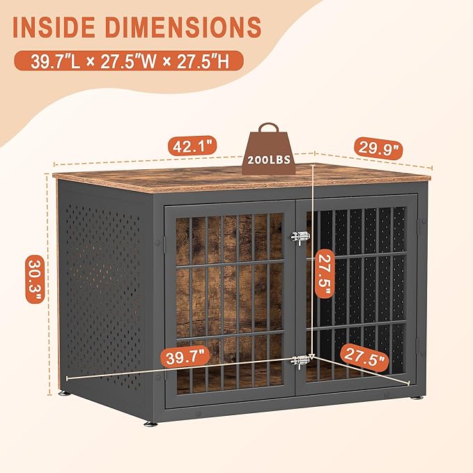 42" Heavy Duty Dog Crate Furniture for Large and Medium Dogs, Enclosed Design Wooden Metal Kennel, Wooden Cage Furniture Indoor, Decorative Dog Kennel End Table