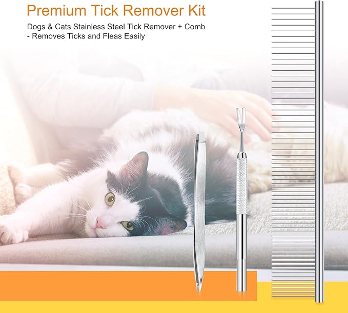BWOGUE Premium Tick Removal Kit for Dogs and Cats - Stainless Steel Tool with Comb, Easily Removes Ticks and Fleas