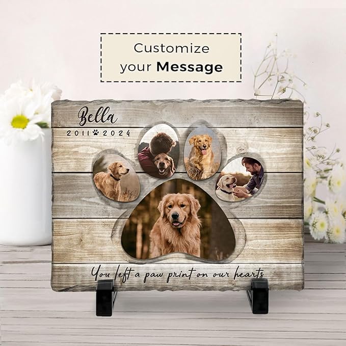 Paw Print on Our Hearts Custom Plaque with Photos - Forever Loved Pet Memorial Stone Gift for Dog Lover - Commemorative Garden Decor, Unique Stepping Stones in Loving Memory of Dogs, Pets