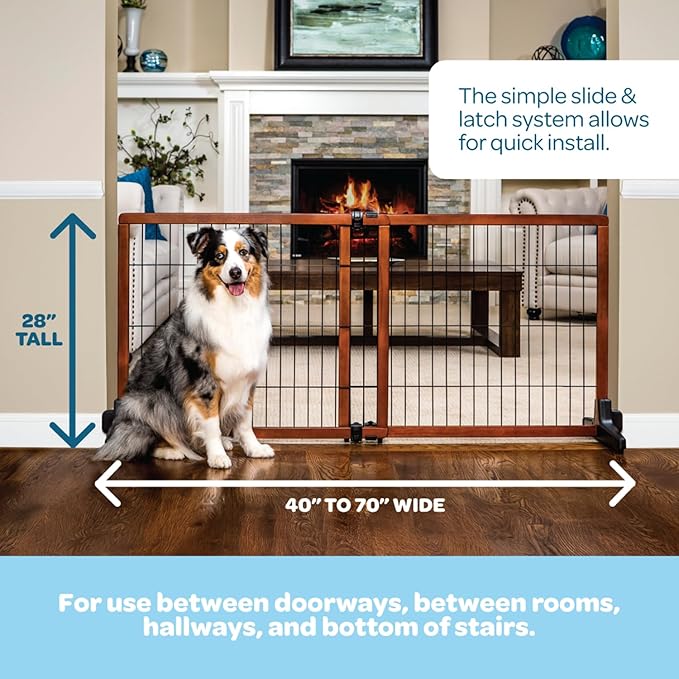 Carlson 28" Extra Tall Super Wide Dog Gate, 40"-70” Adjustable Freestanding Wooden Pet Gate for Doorways & Hallways