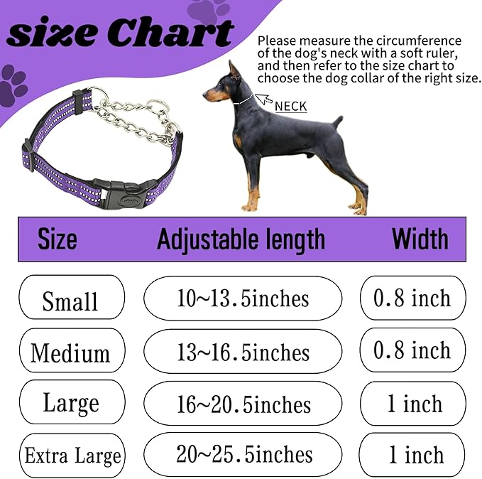Martingale Dog Collars, Reflective Nylon Collar with Stainless Steel Chain, Adjustable Walking Training Dog Collars with Quick Release Buckle, Suitable for Small Medium Large Dogs(Purple,XL)