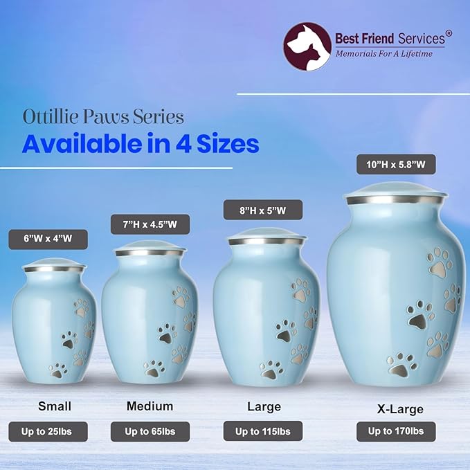 Ottillie Paws Legacy Series Pet Urn for Dogs, Handmade Aluminum Memorial Cremation Urn (X-Large - Pets up to 170 lbs, Baby Blue, Vertical Pewter Paws)