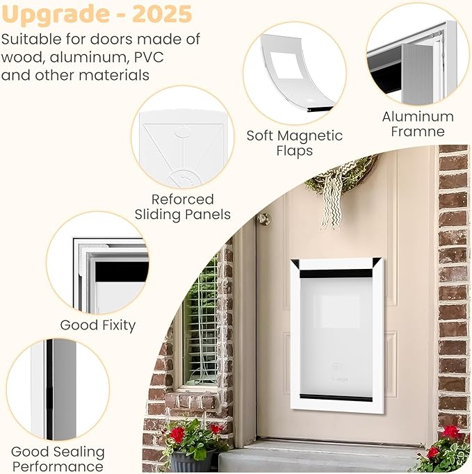 HARDLIGHT Aluminum Frame XL Dog Door - Up to 180 LBS, Double Soft Flaps with Magnetic Closure, Adjustable Telescoping Tunnel XL Dog Door with 2 Sliding Panels, Easy Install, Snow White, X-Large