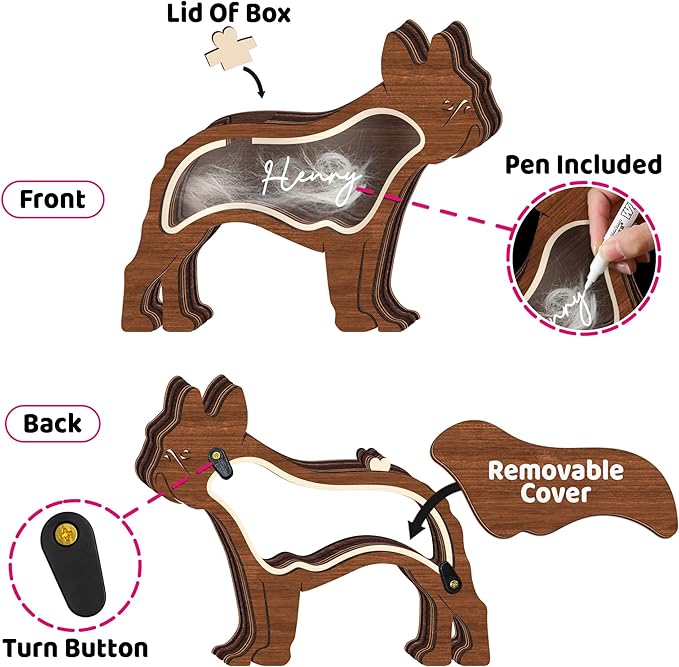 9" French Bulldog Dog Hair Keepsake Box, Wooden Pet Urns for Dogs, DIY Pet Loss Sympathy Gifts, Unique Gift Dog Shape Standable Table Decor, Idea Gift for Pet Lover Storing Fur Teeth Ashes PS16-12L