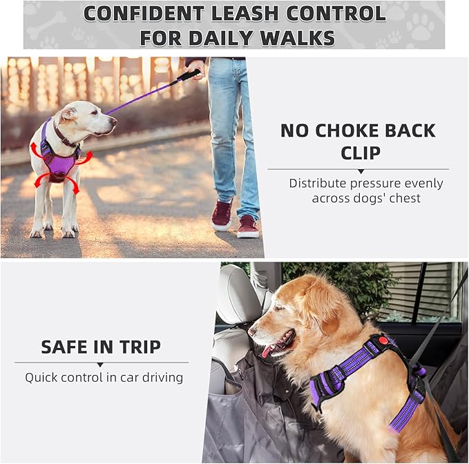 No Pull Dog Harness, Adjustable Soft Padded Dog Vest, Reflective No-Choke Pet Oxford Vest with Easy Control Handle for Small and Large Dogs (Purple, X-Large)