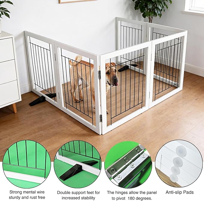 ZJSF Freestanding Dog Gate Indoor, Foldable Dog Fence for Doorways,Hallways or Stairs, Sturdy Wood Extra Wide Pet Gate with Support Feet,White,24 "Height-6 Panels