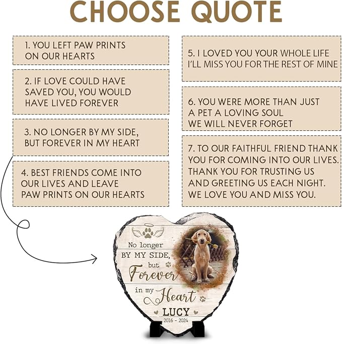 Personalized Memorial Gifts - Heart Shaped Stone with Dog Paw Prints and Cat Tribute - Selective Quotations, Picture Frame Gift for Pet Lovers to Decor Home and Table