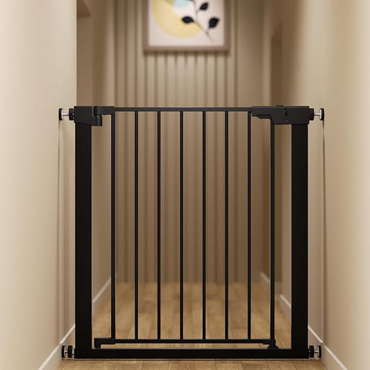 29-32 inches Metal Baby Gate for Stairs/Doorways, 30 inches Tall Pressure Mounted Pet Gates, Auto-Close Child Safety Gate, No Drilling Easy Walk-Through Dog Gate Indoor, Black