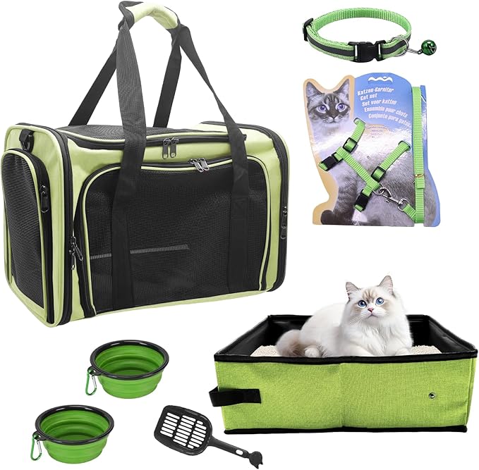 Cat Carrier Soft-Sided & Folding Travel Litter Box for Cats, Fit 20Lbs Pets, 17.7' * 11.8 * 11.8 inches Cat Bag for Traveling & Camping, Cat Travel Carrier Kit, Green