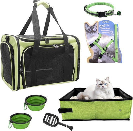 Cat Carrier Soft-Sided & Folding Travel Litter Box for Cats, Fit 20Lbs Pets, 17.7' * 11.8 * 11.8 inches Cat Bag for Traveling & Camping, Cat Travel Carrier Kit, Green