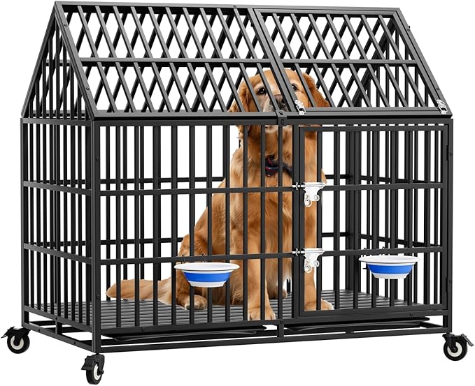 50 inch Indestructible Heavy Duty Dog Crate with 2 Bowls, Escape-Proof Indoor Impact Dog Cage for Large Giant Dogs, High Anxiety Pet Kennel with 2 Trays, 4 Wheels, 4 Locks and Double Door, XL XXL