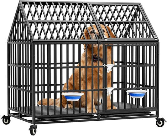 50 inch Indestructible Heavy Duty Dog Crate with 2 Bowls, Escape-Proof Indoor Impact Dog Cage for Large Giant Dogs, High Anxiety Pet Kennel with 2 Trays, 4 Wheels, 4 Locks and Double Door, XL XXL