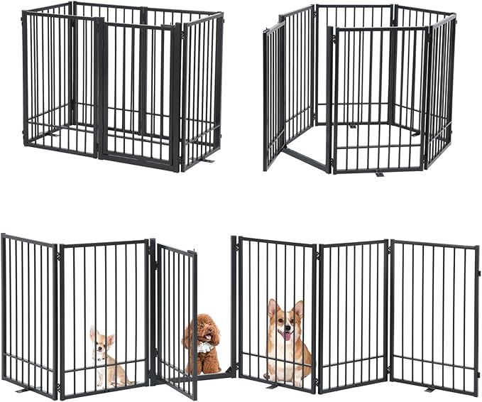 SMONTER Free Standing Dog Gate with Door Walk Through, 120'' Extra Wide Indoor Dog Fence, 31.5'' Height 6 Panels Foldable Metal Pet Puppy Gate for Stairs, Hallways, Doorway