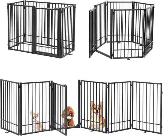 SMONTER Free Standing Dog Gate with Door Walk Through, 120'' Extra Wide Indoor Dog Fence, 31.5'' Height 6 Panels Foldable Metal Pet Puppy Gate for Stairs, Hallways, Doorway