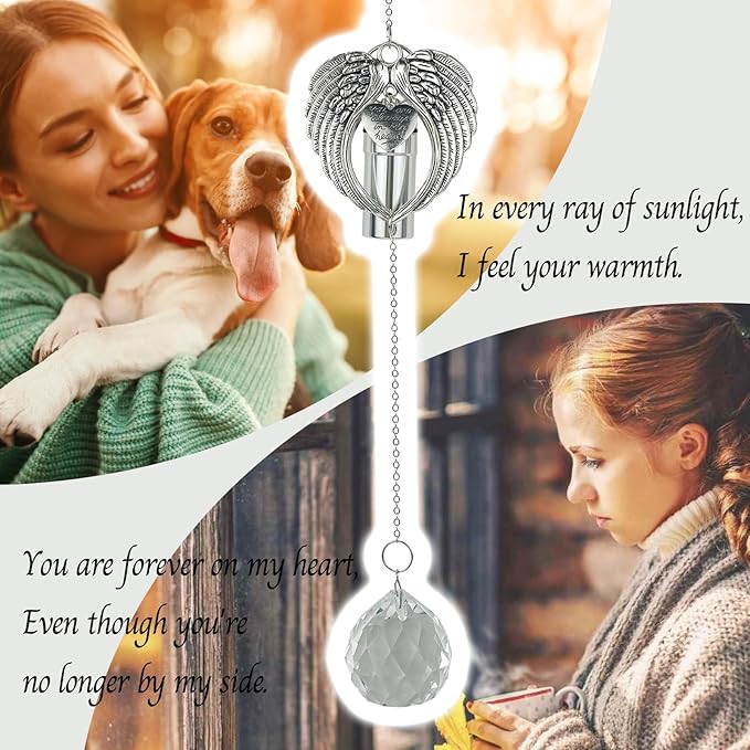 Pet Keepsake Urns for Dogs Ashes with Sun Catcher - Memorial Wind Chimes with Ashes Urn Keychain for Loss of Dog and Cat - Unique Pet Memory Ashes Box - Personalized Hanging Crystal Ornament (Heaven)