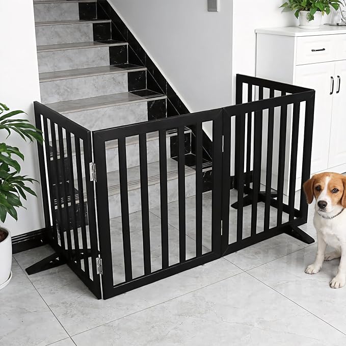 Dog Gate Indoor, Freestanding Dog Fence for The House, Doorways, Hallways,or Stairs,Pet Gate Foldable Wooden,Expandable 32" Height 2 Panels,Black