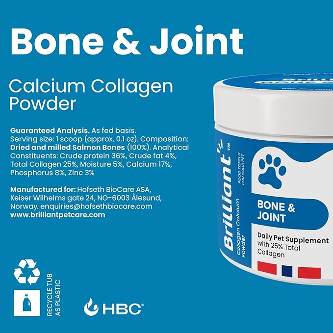 Brilliant Bone & Joint Supplement for Dogs - High Strength Calcium & Collagen Powder for Joint & Hip Support, Essential Supplement for Dog’s of All Ages - 10.6 Oz