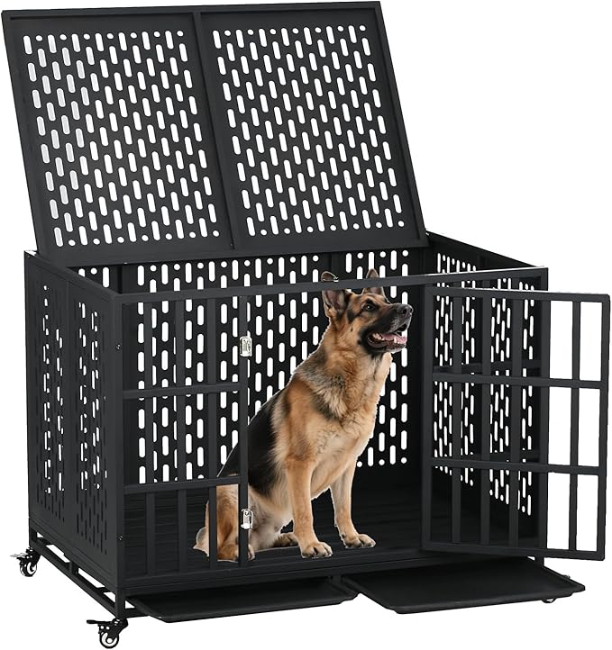 44 Inch Heavy Duty Indestructible Dog Crate with Wheels, Escape Proof Indoor Double Door High Anxiety Cage, Steel Kennel with Removable Tray for Large Medium Dogs