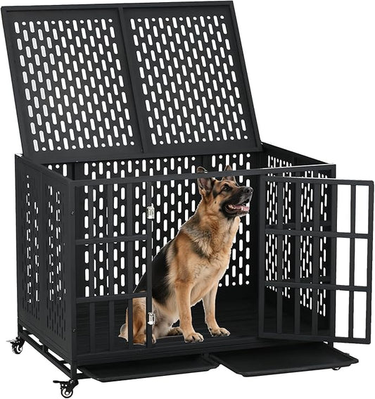 44 Inch Heavy Duty Indestructible Dog Crate with Wheels, Escape Proof Indoor Double Door High Anxiety Cage, Steel Kennel with Removable Tray for Large Medium Dogs