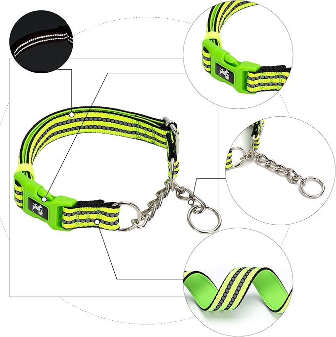 Green Reflective Martingale Dog Collar with Buckle- Night-Safe, Anti-Slip Training Collar Designed for Secure Walks - Medium