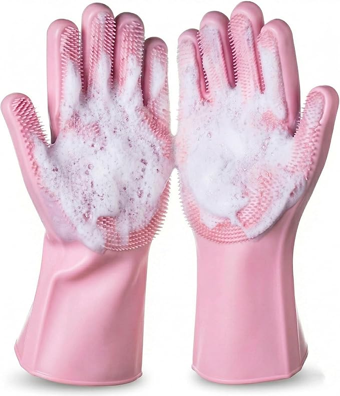 Dog Bath Gloves for Washing, Pet Grooming Gloves with Shampoo Brush, Dog Bath Brush for Dogs and Cats, Essential Dog Bath Supplies (1 Pair, Pink)