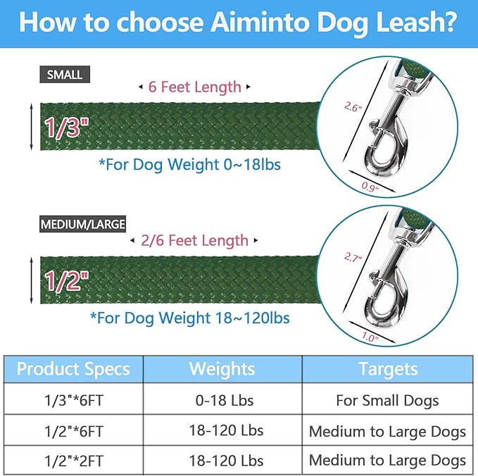 Dog Leash, Braided Rope Traction – Walking Training Lead for Medium/Large Dogs ((1/2") x 2FT, Dark Green)