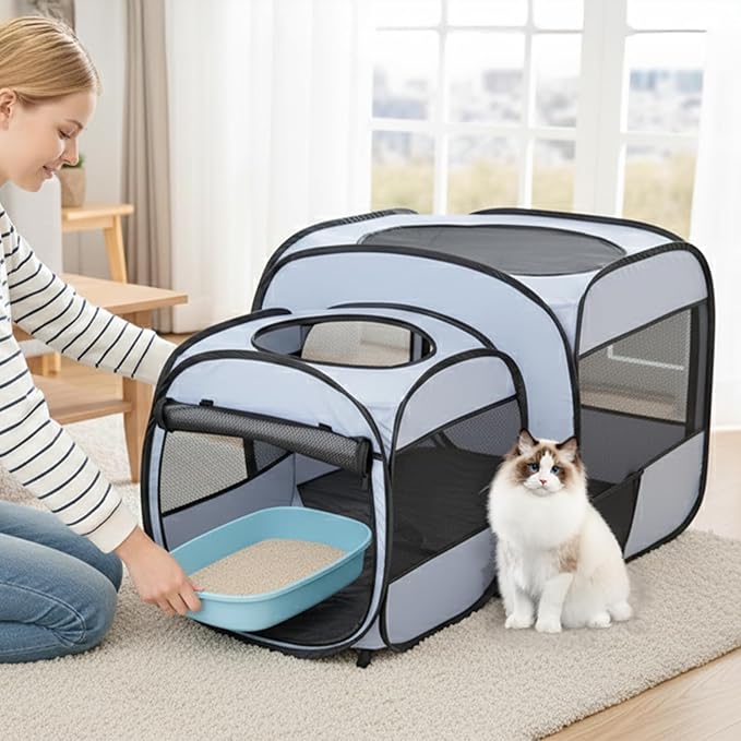 EighteenTek® 2-in-1 Portable Cat Playpen(End Doors), Pop up Kitten Playpen, Assembly-Free, Pet Tent Crates Kennel Cage Enclosure for Dog Puppy Indoor Outdoor(No Divider, Unified Space)
