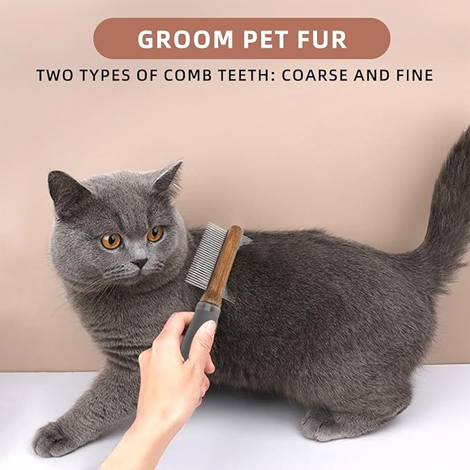 2-in-1 Dog Dematting&Deshedding Comb with Wooden Handle Double-Sided Fine&Wide Tooth Dematting Comb Pet Flea Comb for Dogs and Cats Gentle Remove Loose Hair Tangles Dirt Fleas