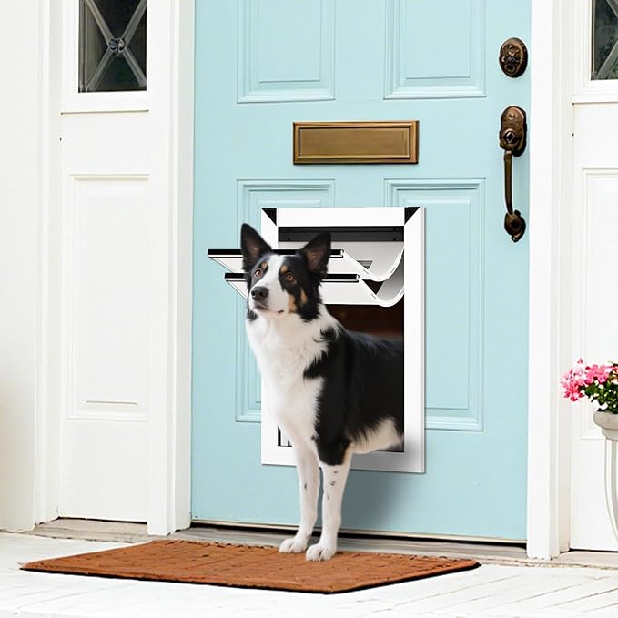 HARDLIGHT Aluminum Frame Dog Door - Up to 90 LBS, Double Soft Flaps with Magnetic Closure, Adjustable Telescoping Tunnel Large Dog Door with 2 Sliding Panels, Easy Install, Snow White, Large