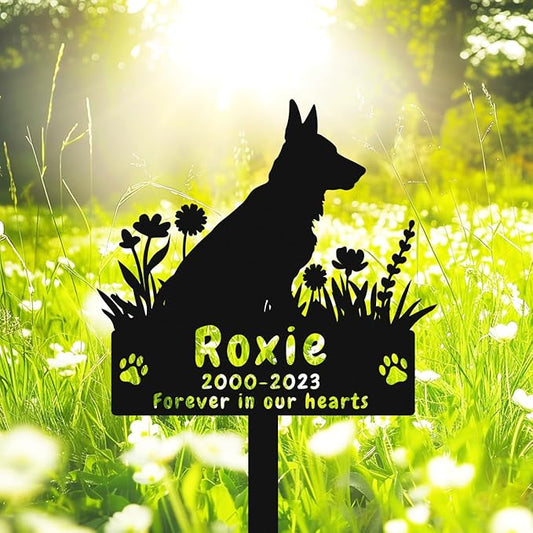 Custom Dog German Shepherd Memorial Grave Marker Metal Dog Burial Stake, Personalized Flowers Dog Memorial Garden Stake, German Shepherd Dog Grave Marker for Outdoors Memorial Dog Plaque