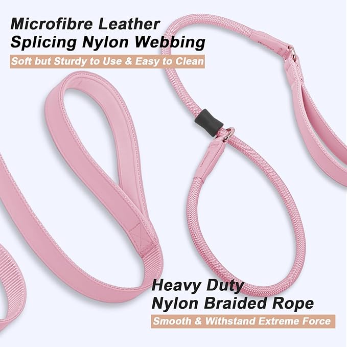 Slip Lead Dog Leash, Double Handle, Soft Leather, Heavy Duty Nylon, No Pull Walking, 5ft Pink