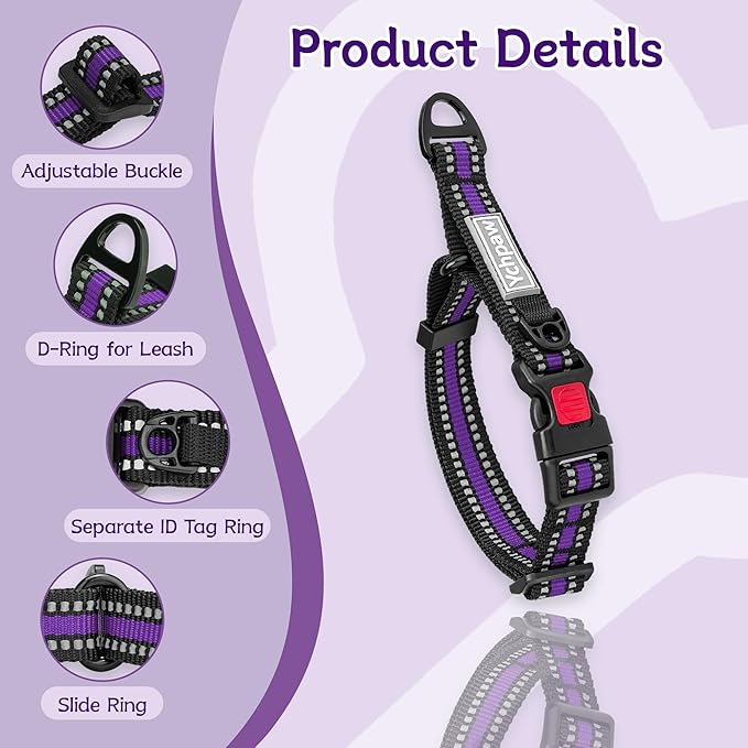Martingale Collar for Dogs Reflective Collar with Quick Release Buckle, Adjustable Nylon Collars for No Slip Dog Collar, Purple, XS