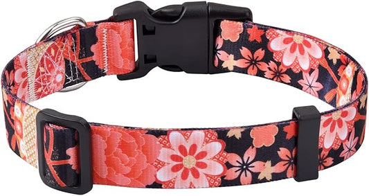 Dog Collar with Bohemia Floral Tribal Geometric Patterns - Soft Ethnic Style Collar Adjustable for Small Medium Large Dogs(Red Flower A,M)