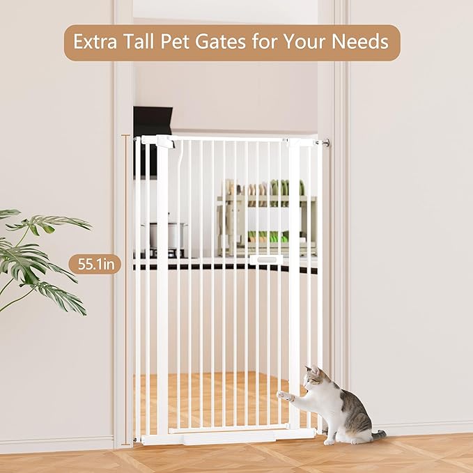 55.1" Extra Tall Dog Gate Indoor for Doorways, 30.1-33.8" Wide Cat Pet Gate for Stairs, 1.37" Gap No Drilling Auto Close High Pressure Mounted for Kitchen/Hallways, White