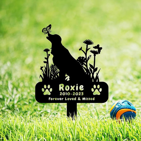 Custom Metal Flowers Dog Memorial Grave Marker, Personalized Butterfly Dog Memorial Stake Grave Marker, Customized Plants Dog Plaque Memorial Sign with Stake Pet Grave Marker Sympathy Gift