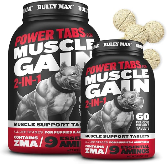 Bully Max 2-in-1 Muscle Builder Chewable Tablets for Dogs - Puppy & Dog Vitamins, Supplements for Muscle Gain & Growth - Canine Multivitamins Essentials for All Breeds & Ages - 60 Tabs, 2 Bottles