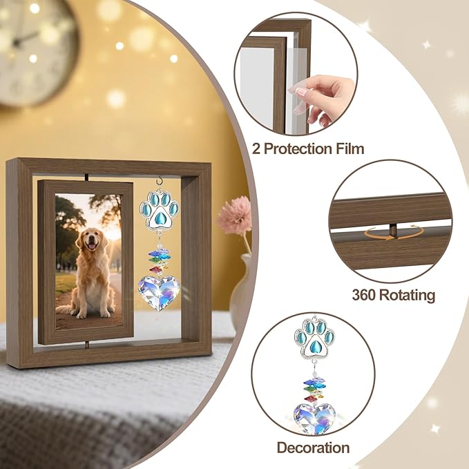 Dog Memorial Gifts for Loss of Dogs, Dog Memorial Picture Frame, 4x6 Photo Rotating Wooden Frame, Loss of Dogs Sympathy Gift with Paw & Heart Pendant