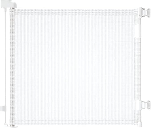 Retractable Baby Gate for Stairs – 33” Height, Expands up to 71” Width – Safety Gate for Infants, Toddlers, Dogs & Pets – Easy Install, Secure Closure, White Mesh Design for Indoor & Outdoor Use