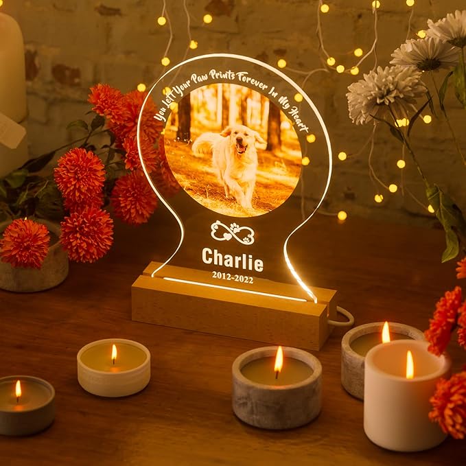 Bemaystar Personalized Dog Memorial Gifts Custom Dog Memorial Night Lights for Grieving Pet Owners, Pet Loss Gifts Cat memorial gifts Loss of Dog Sympathy Gift with Picture Name Date Custom Plaque