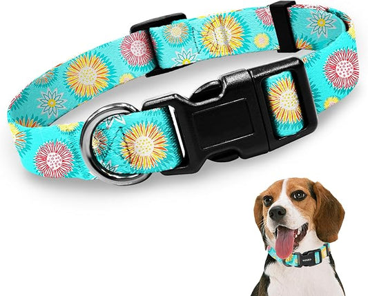 Kazazoo Dog Collar Cute and Soft Nylon Puppy Collar for Boy and Girl, Adjustable Dog Collars for Small Medium Dogs, Blue Sunflowers-M