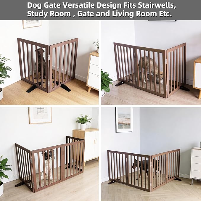 Dog Gate Indoor, Freestanding Dog Fence for The House, Doorways, Hallways,or Stairs,Pet Gate Foldable Wooden,Expandable 32" Height 2 Panels,Brown