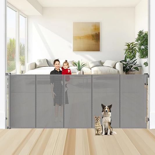 Reinforced 48" Extra Tall X 100" Extra Large Baby Gates for Wide Openings Long Dog Gate for Doorway Mesh Gates for Pets Retractable Dog Gate Indoor/Outdoor Tall Baby Gate for Cats, Gray