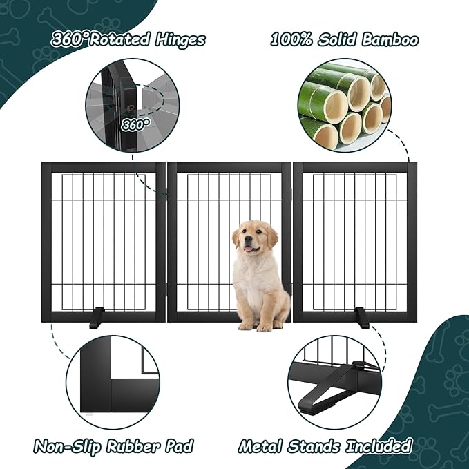 Semiocthome Freestanding Dog Gates and Barriers Indoor Pet Gates for Doorways and Stairs 24"H- 3 Panels Puppy Gate with 2 Metals Stands Adjustable Safety Fence Wire Dog Gate with Bamboo Frame - Black
